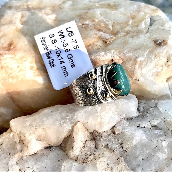 PERUVIAN OPAL two tone 925 sterling band 7.5 - Picture 2 of 7